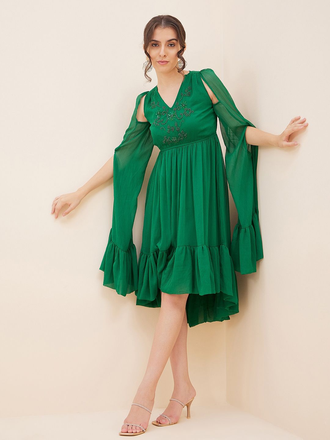Antheaa Embellished Tie-Up Neck Bell Sleeves Empire Midi Dress