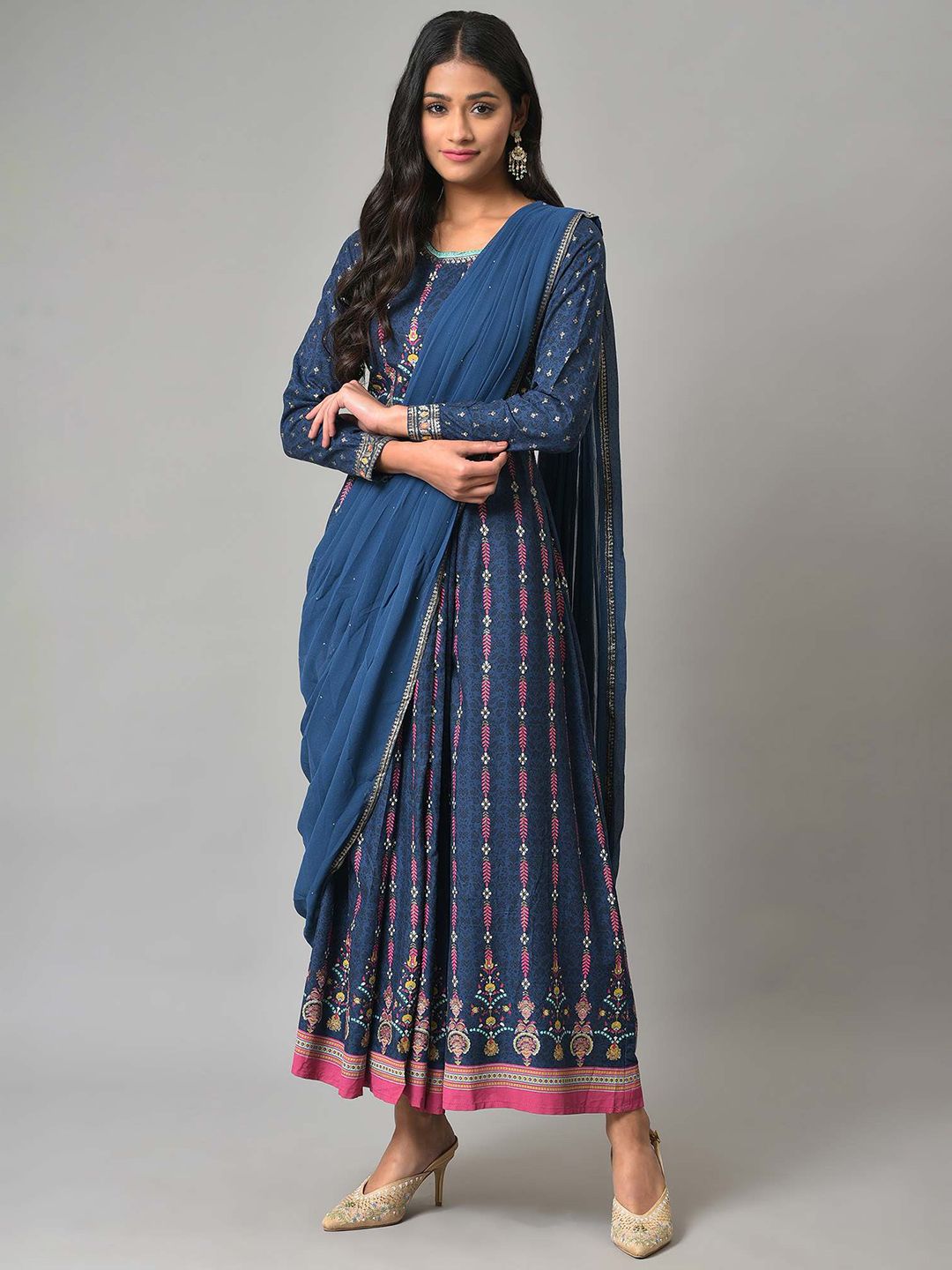 W Blue Ethnic Motifs Ethnic Maxi Dress