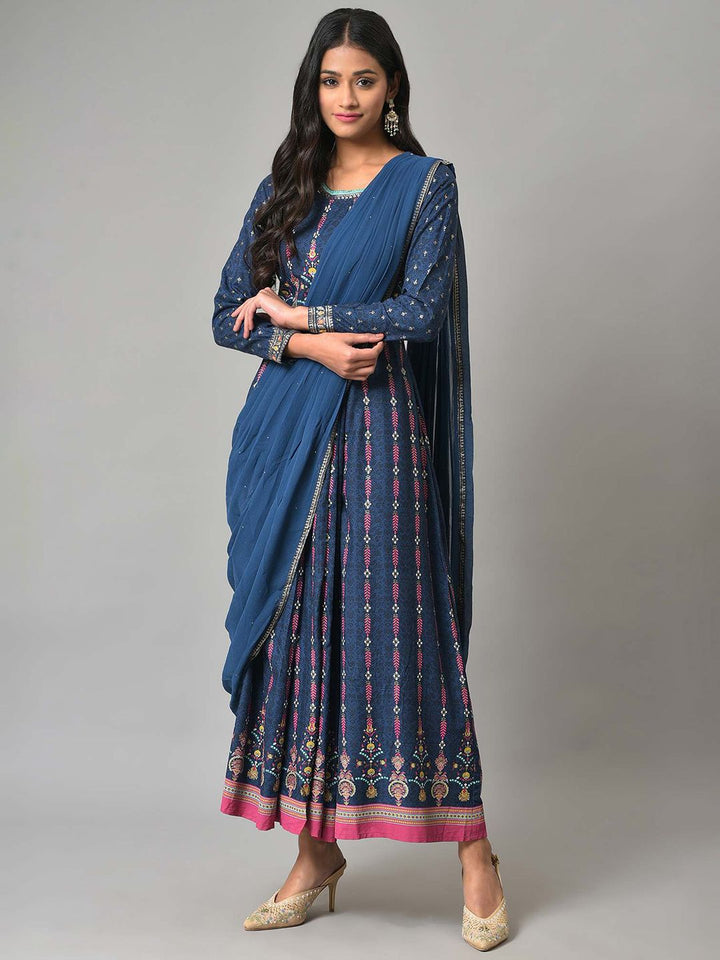 W Blue Ethnic Motifs Ethnic Maxi Dress
