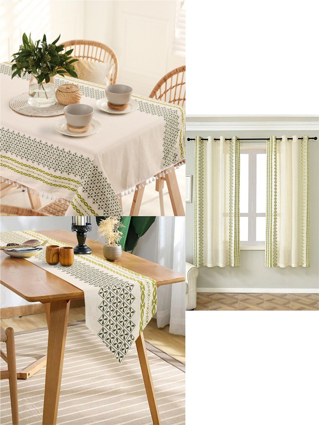 URBAN SPACE Cream-Colored Geometric Printed Pure Cotton 6-Seater Table Cover