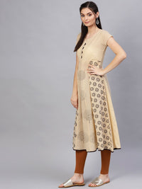 SOJANYA Women Beige & Brown Block Print Anarkali Kurta