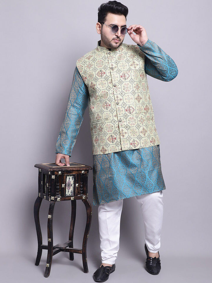 SOJANYA PLUS Plus Size Woven Design Kurta With Pyjamas & Printed Nehru Jacket