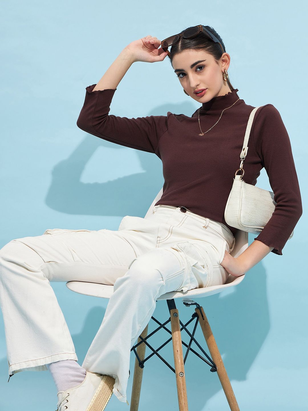 STREET 9 Ribbed High Neck Long Sleeves Regular Top