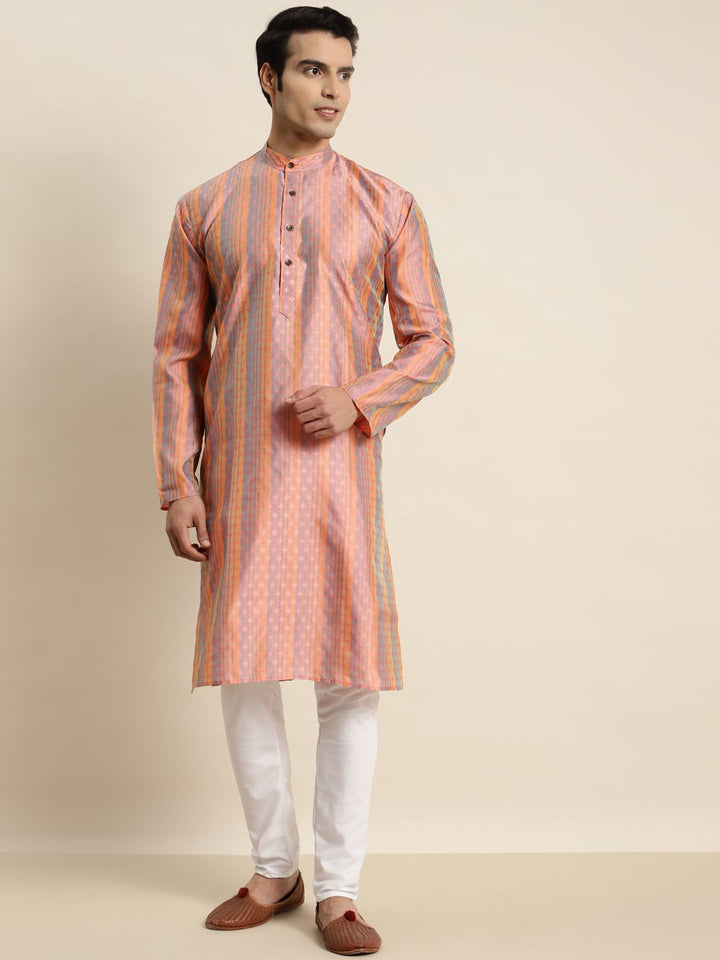 SOJANYA Men Peach-Coloured & Mauve Ethnic Motifs Printed Jacquard Kurta