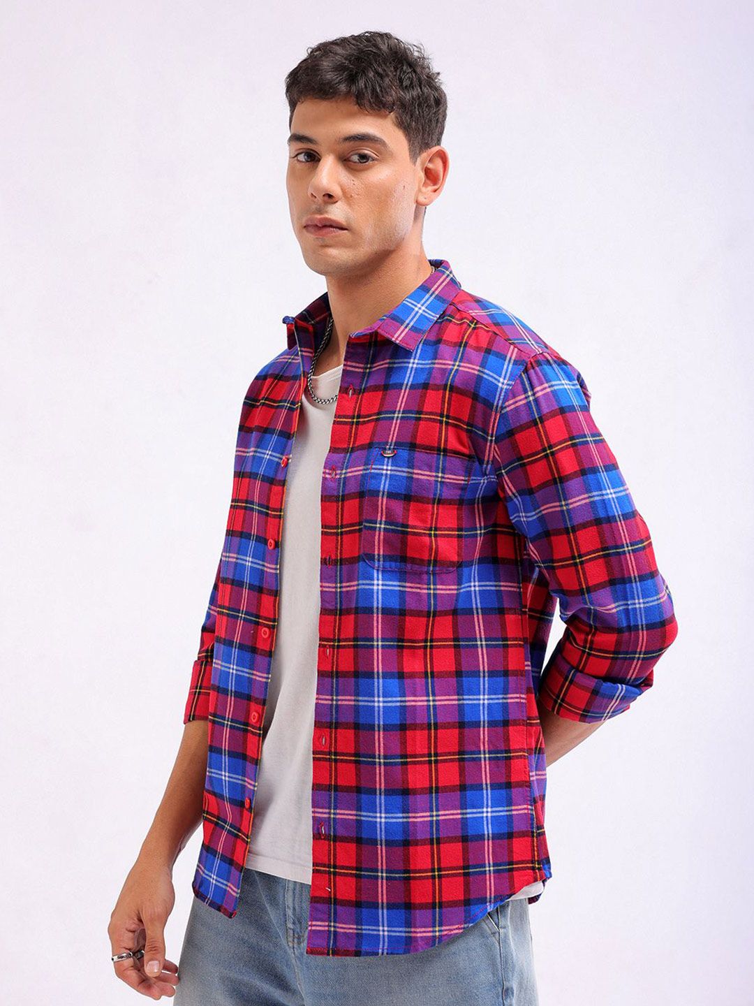 The Indian Garage Co Slim Fit Checked Spread Collar Pure Cotton Casual Shirt