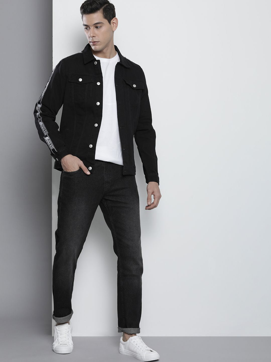 The Indian Garage Co Men Black Typography Lightweight Cotton Denim Jacket