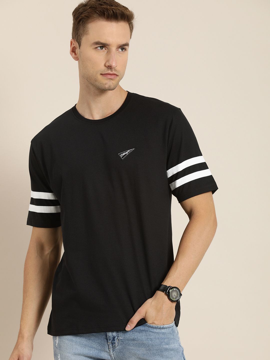 DILLINGER Men Black Solid Pure Cotton Loose T-shirt with Striped Sleeves