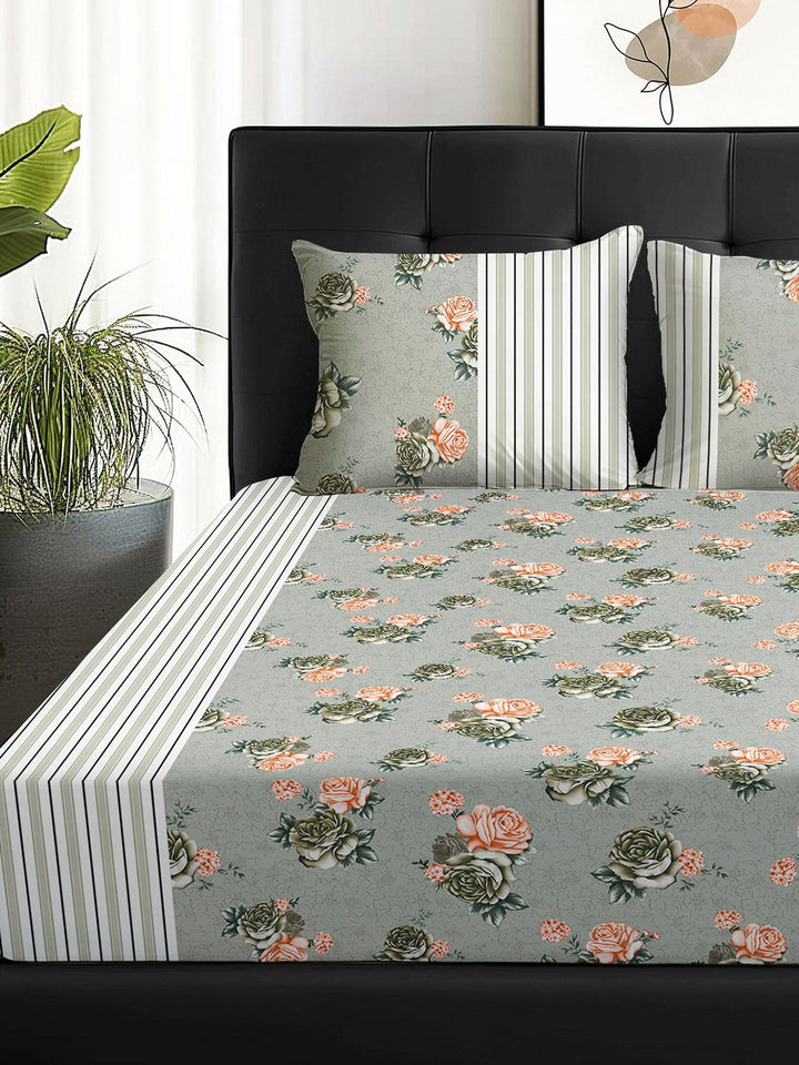 Story@home Arena Grey & Pink Floral Printed 180 TC Queen Bedsheet & 2 Pillow Covers