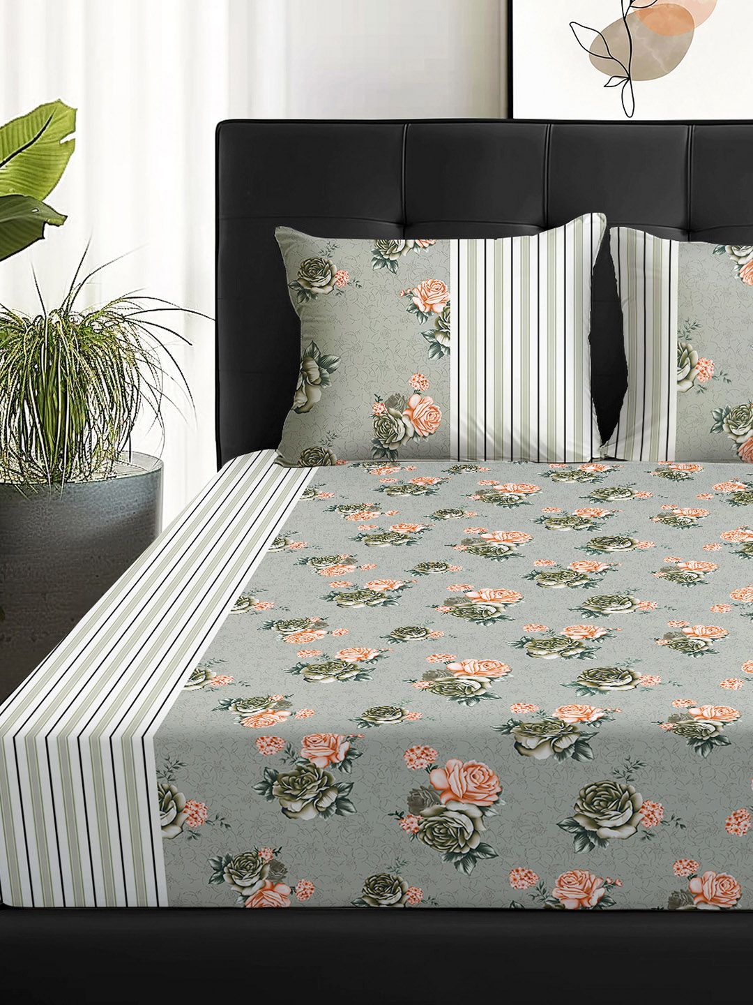 Story@home Arena Grey & Pink Floral Printed 180 TC Queen Bedsheet & 2 Pillow Covers
