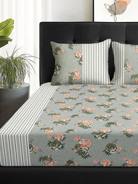 Story@home Arena Grey & Pink Floral Printed 180 TC Queen Bedsheet & 2 Pillow Covers