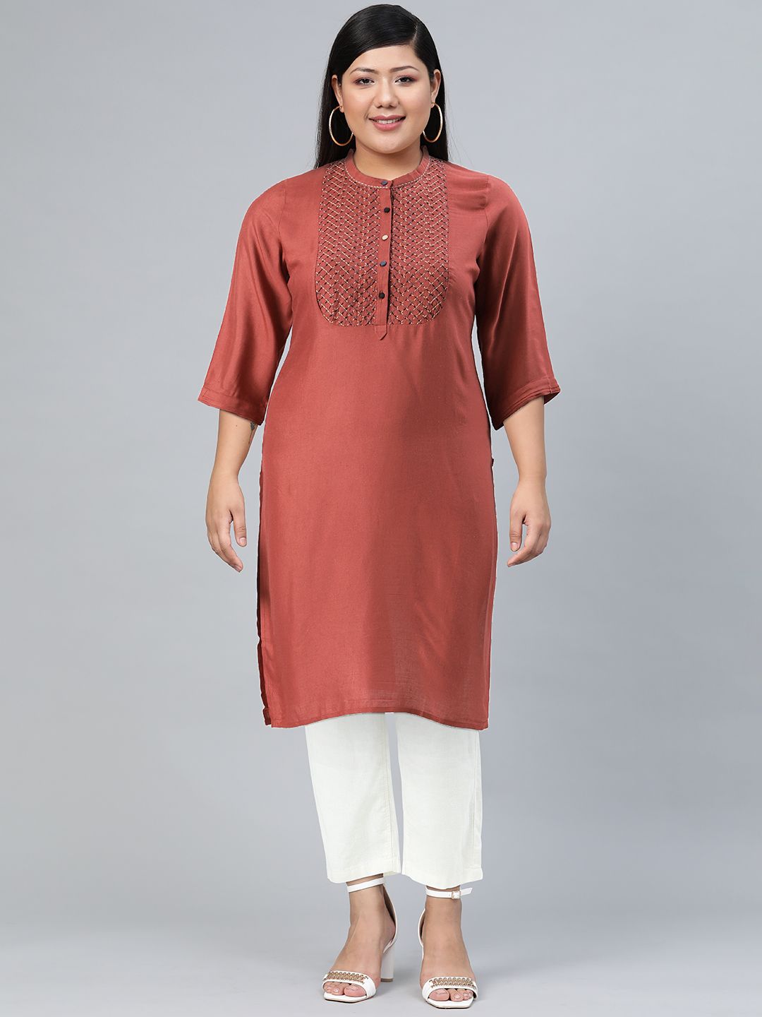 W Women Red Yoke Design Kurta