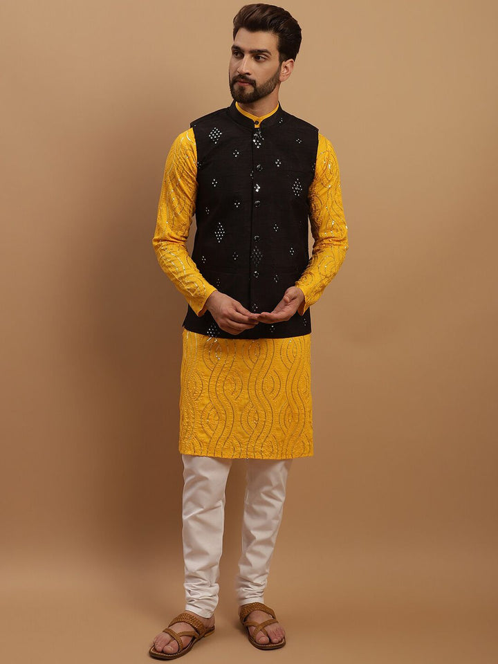 SOJANYA Geometric Embroidered Regular Pure Cotton Kurta With Churidar & Nehru Jacket