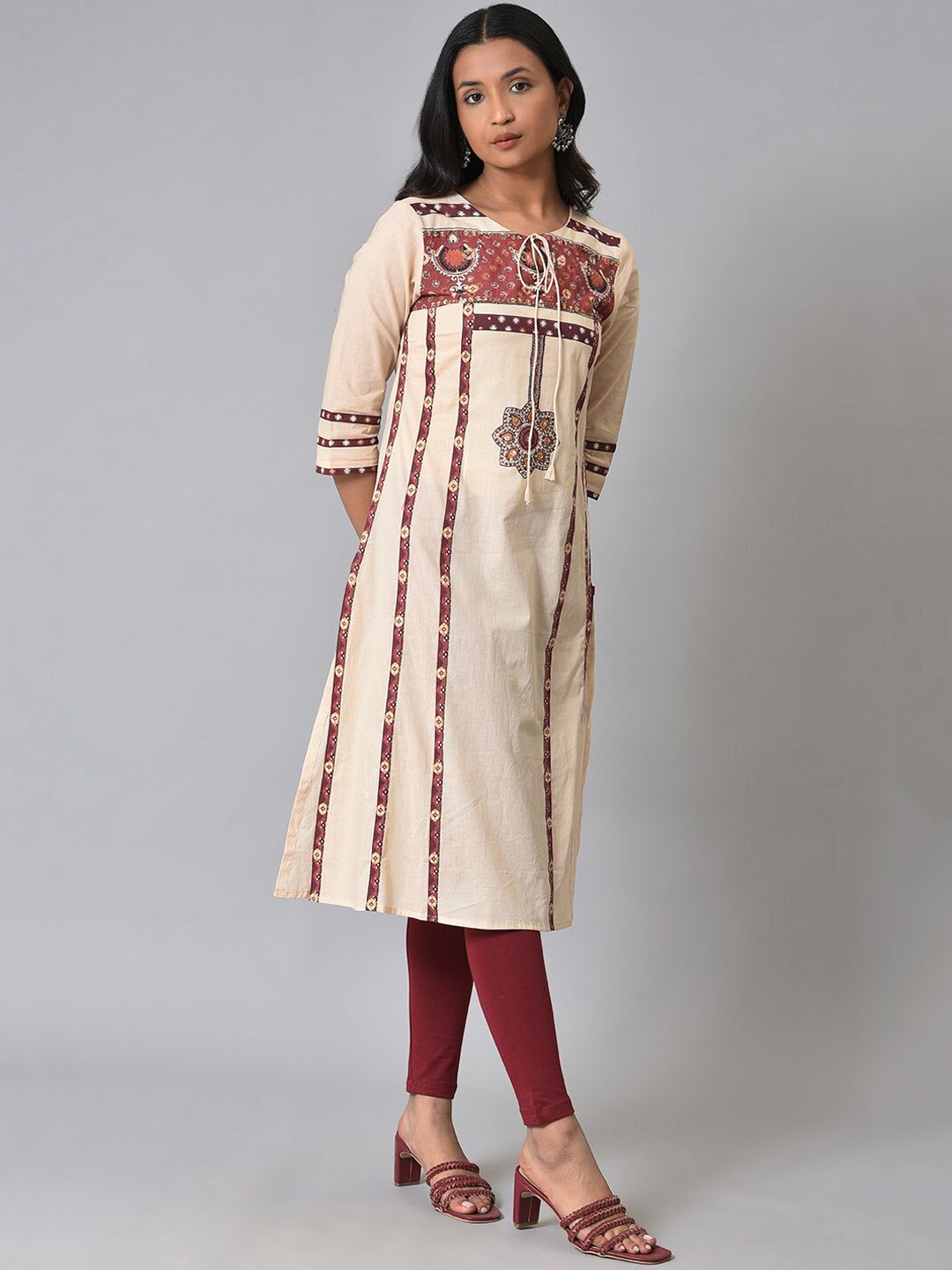 W Ethnic Motif Printed Tie Up Neck A-Line Kurta