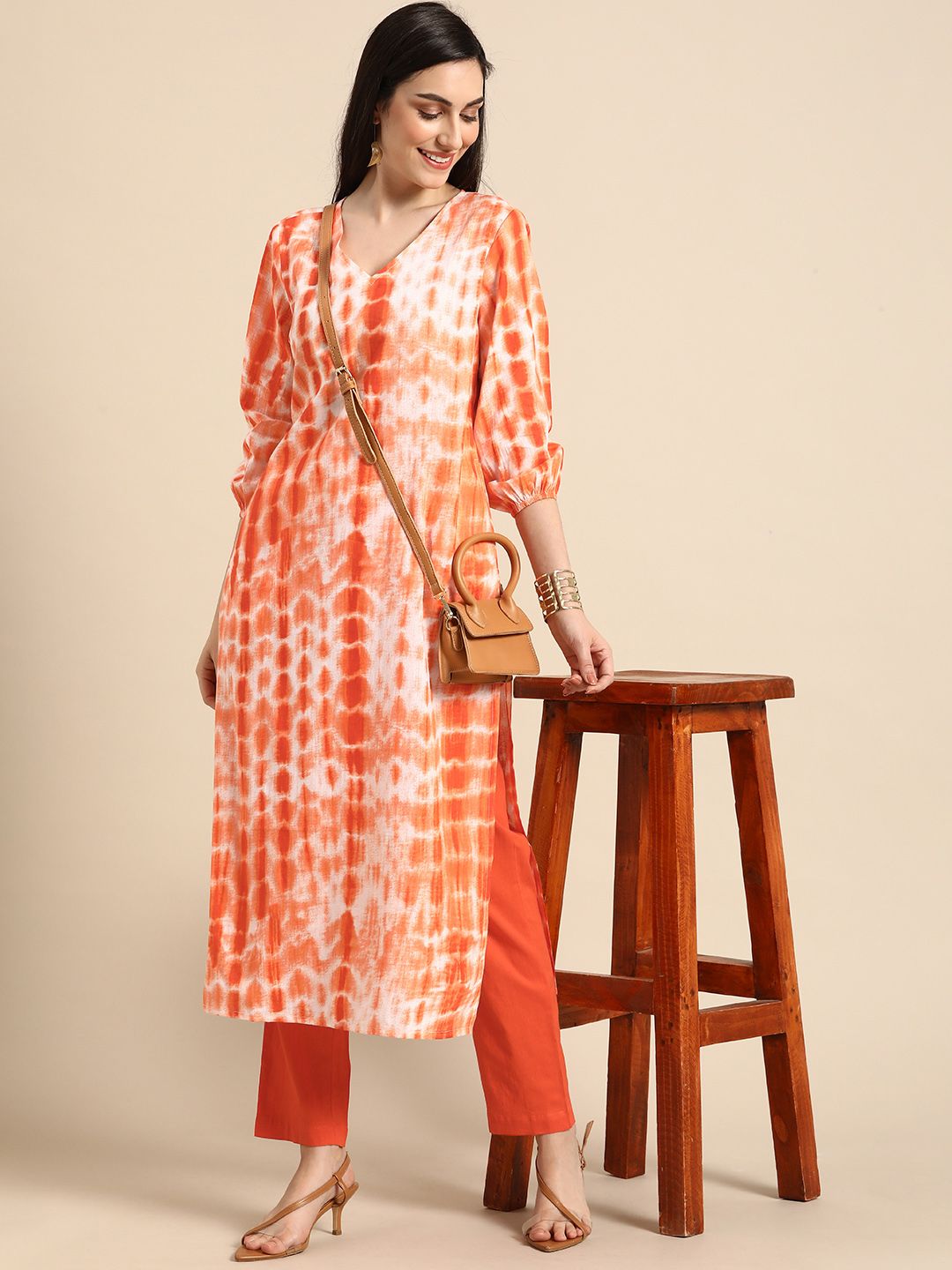 Anouk Women Orange Dyed Pure Cotton Kurta with Trousers