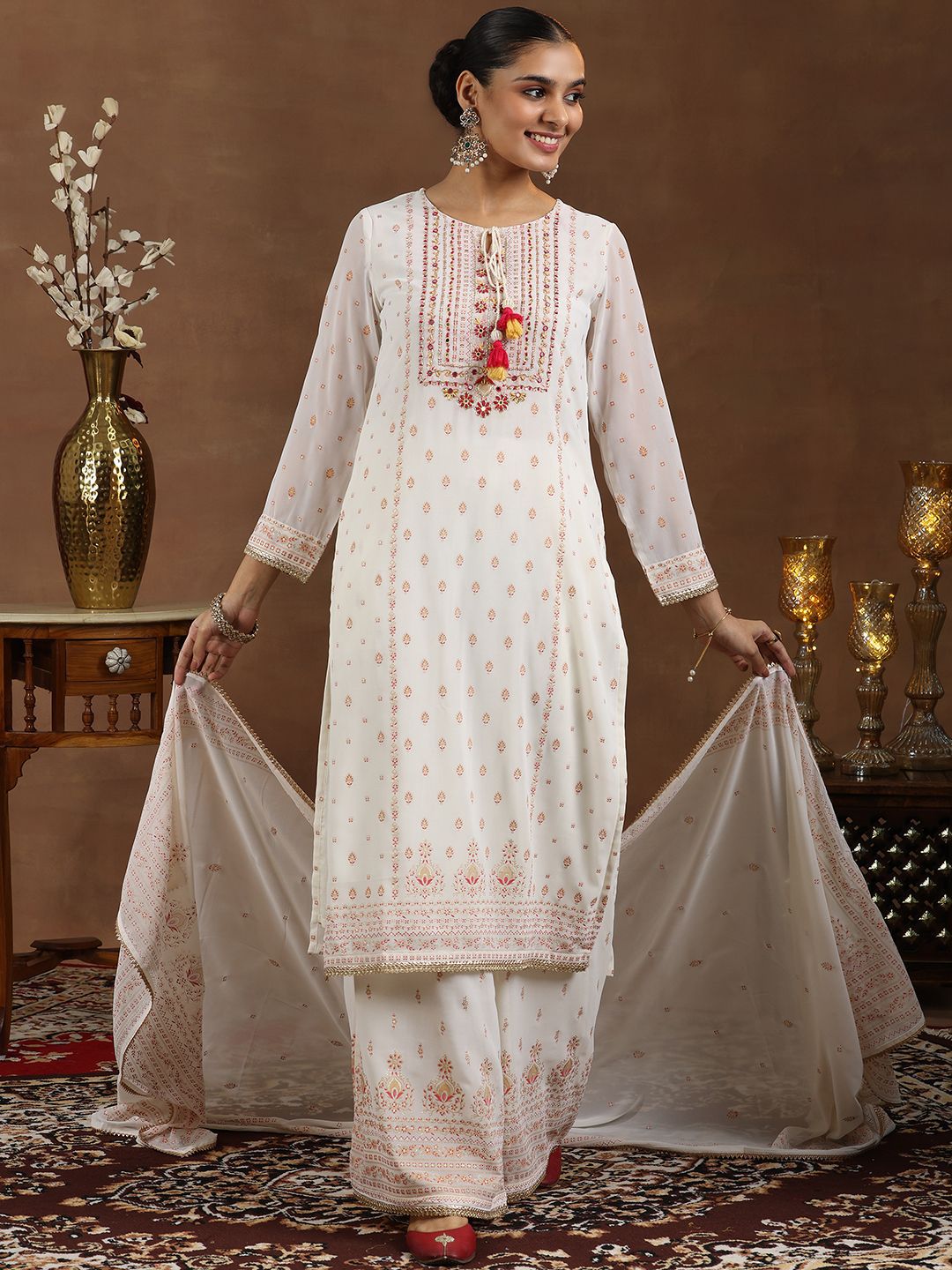 Libas Floral Printed Mirror Work Straight Kurta with Palazzos & Dupatta