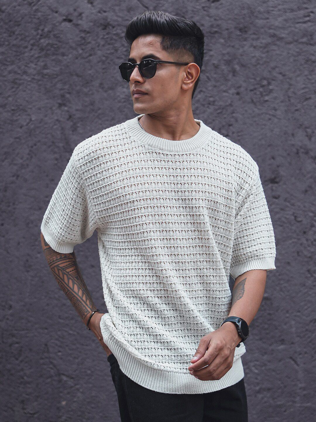 Powerlook Crochet Knit Oversized Half Sleeves T Shirt