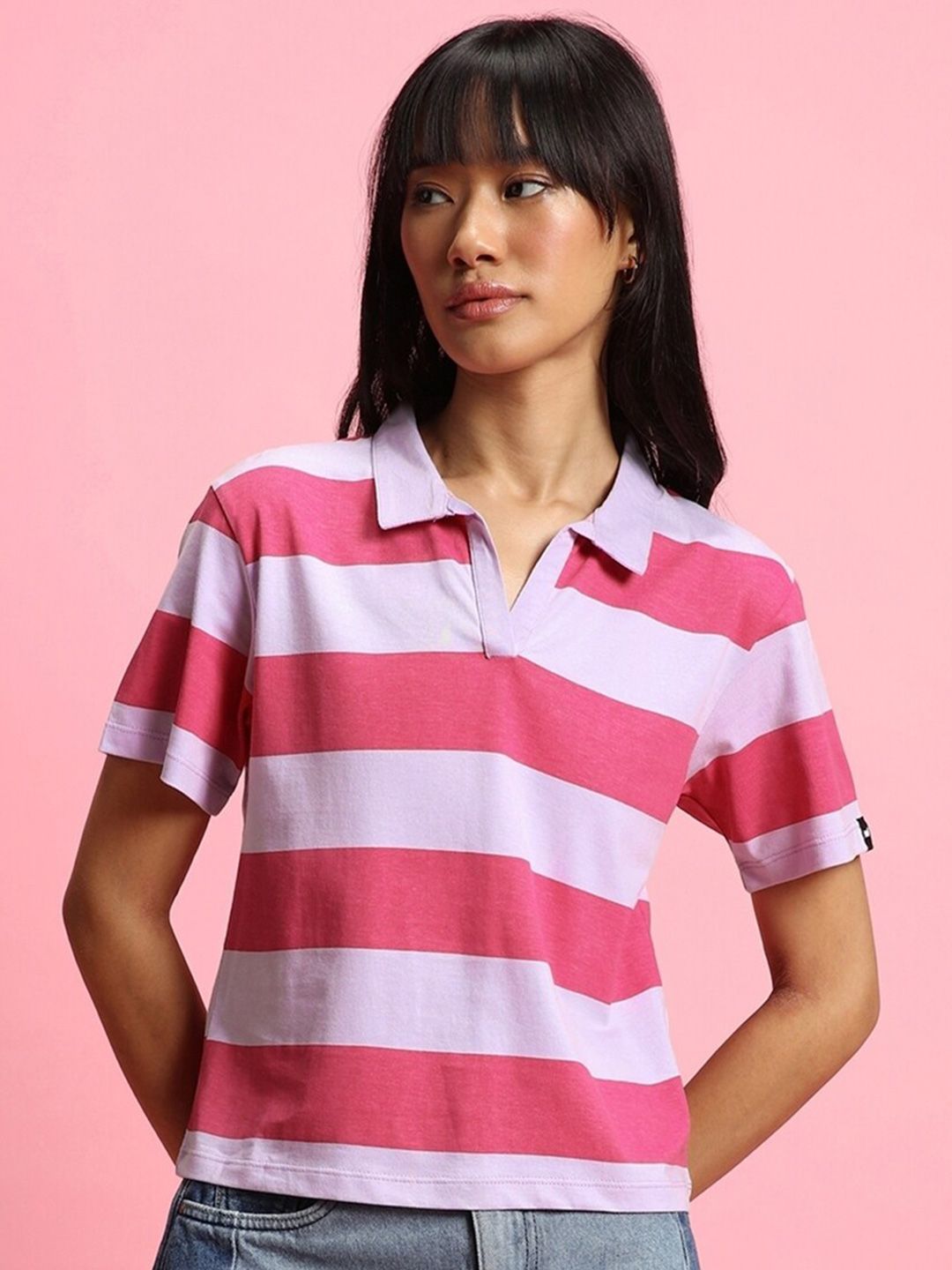 Bewakoof Women Striped Polo Collar  Oversized T-shirt