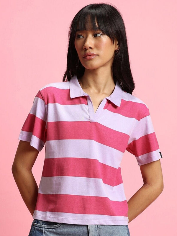Bewakoof Women Striped Polo Collar  Oversized T-shirt