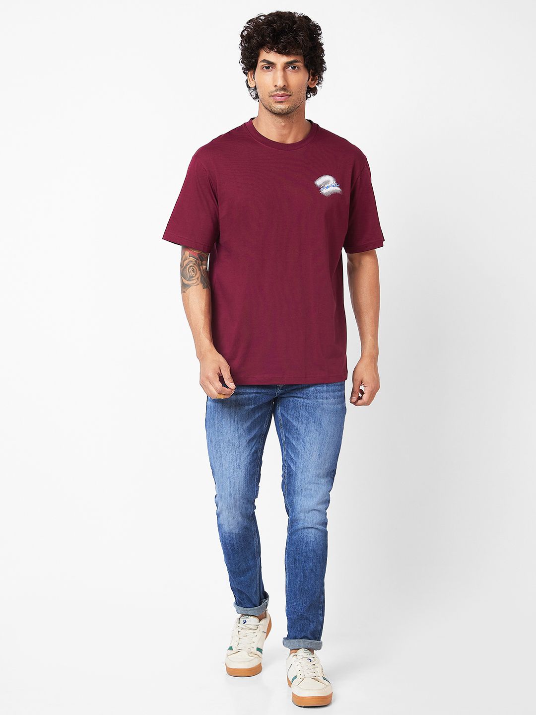 SPYKAR Typography Printed Relaxed Fit Drop-Shoulder Sleeves Casual T-shirt