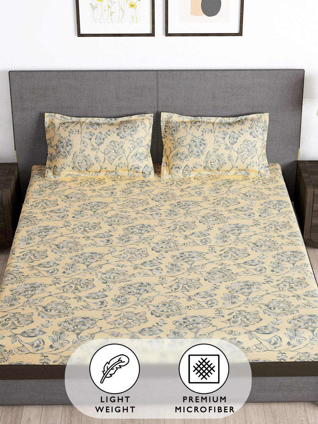 Story@home Cream & Grey Floral 180 TC Queen Bedsheet with 2 Pillow Covers