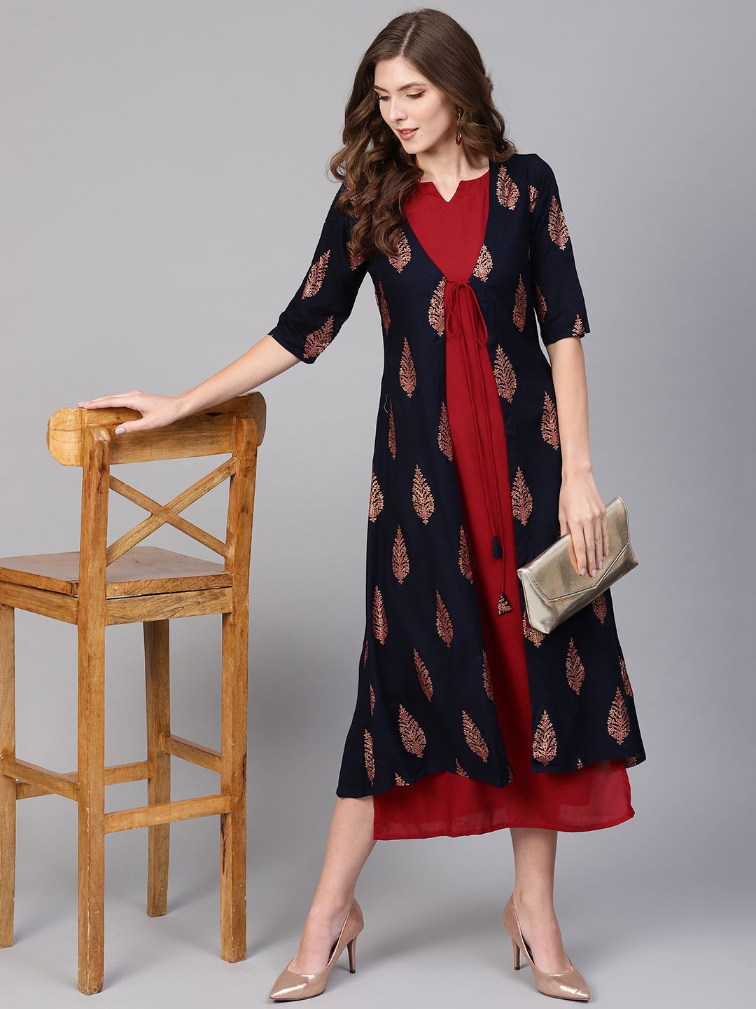 Gerua By Libas Women Maroon  Navy Blue Block Print Layered A-Line Dress