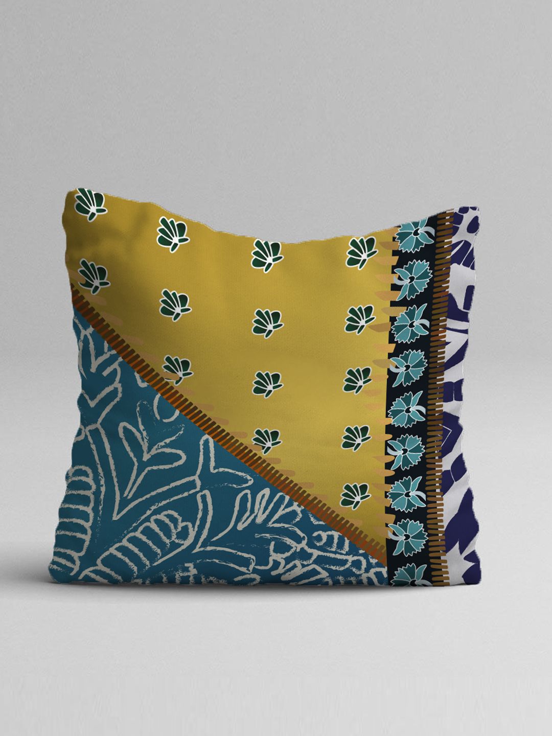 STITCHNEST Blue & Mustard Set of 5 Ethnic Motifs Square Cushion Covers