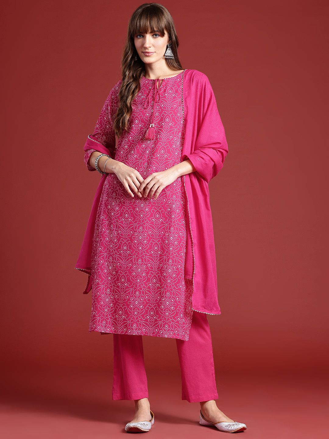 Anouk Bandhani Printed Kurta With Trousers & Dupatta