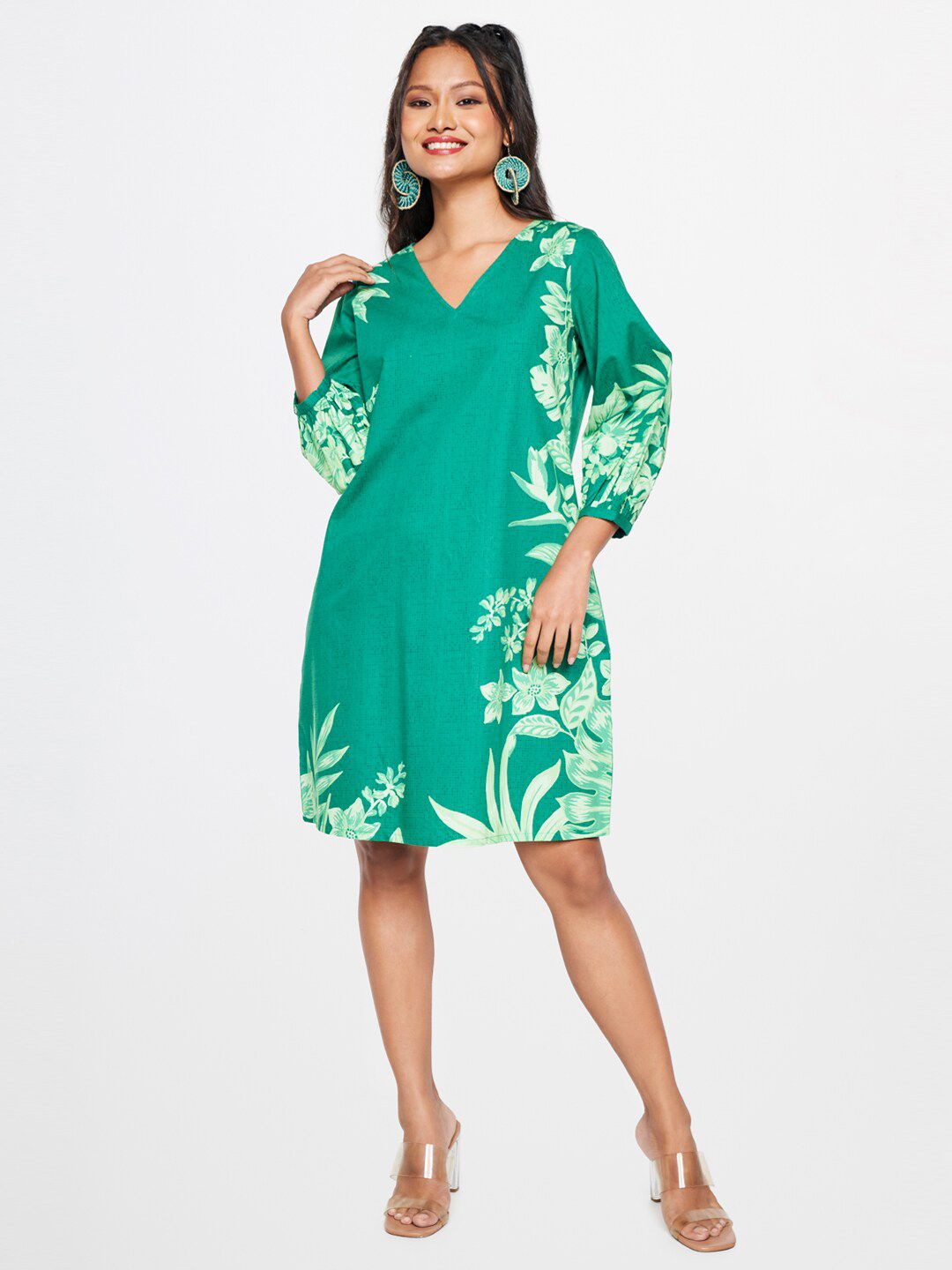 Global Desi Floral Printed Puff Sleeves Gathered Pure Cotton A-Line Dress