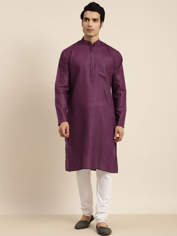Anug by SOJANYA Men Purple Dobby Band Collar Kurta