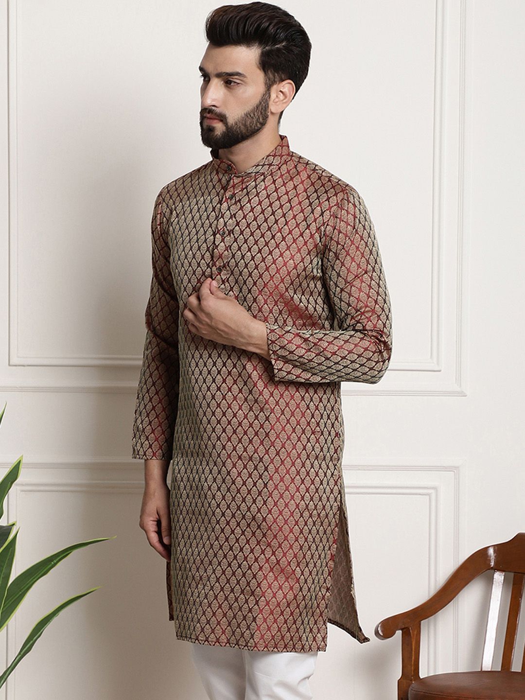 SOJANYA Ethnic Motifs Woven Design Band Collar Straight Kurta