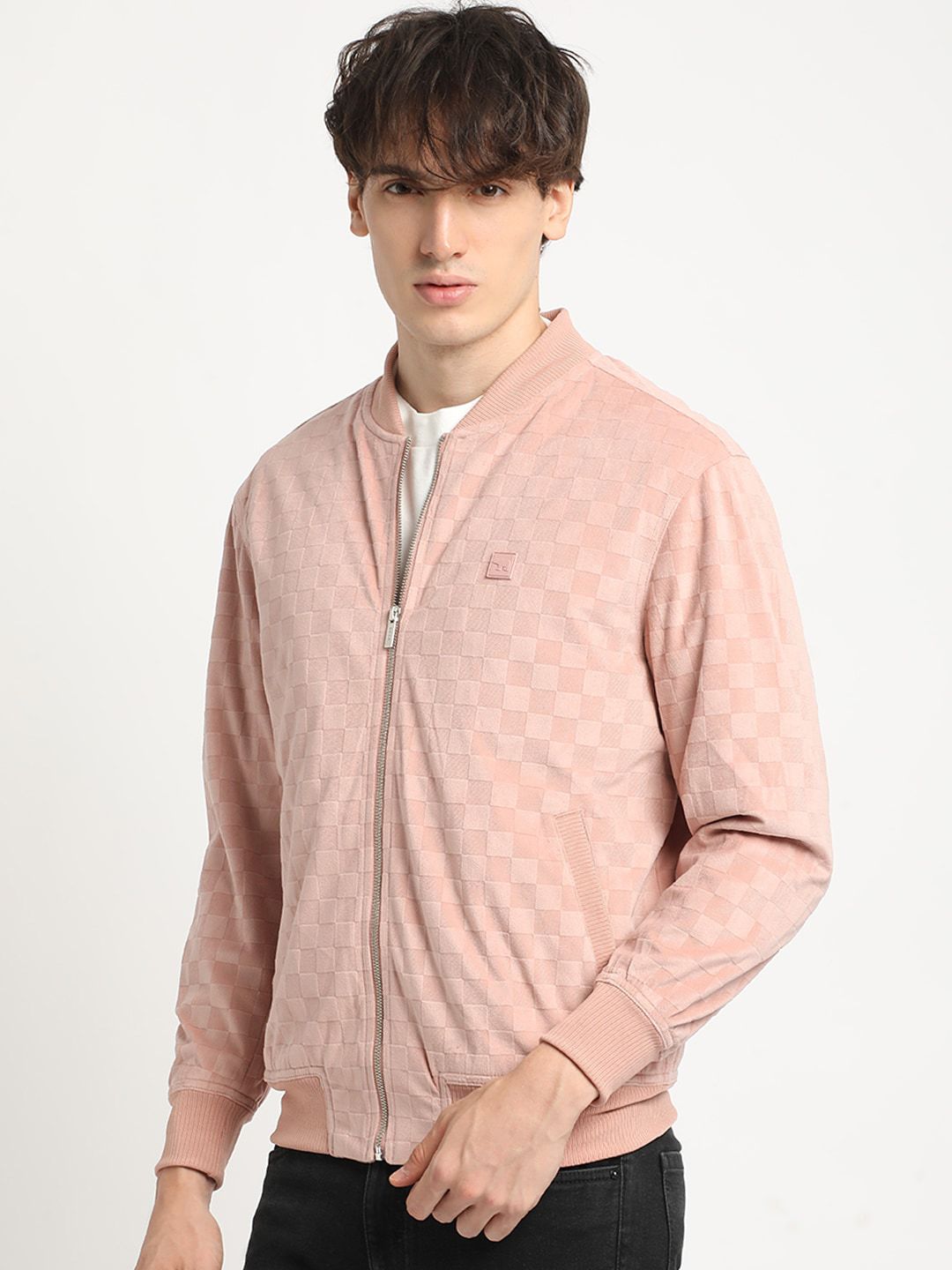 THE BEAR HOUSE Self Design Stand Collar Windcheater Bomber Jacket