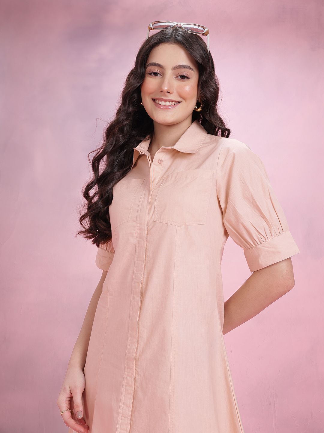 DressBerry Cuffed Sleeve Pure Cotton Shirt Dress