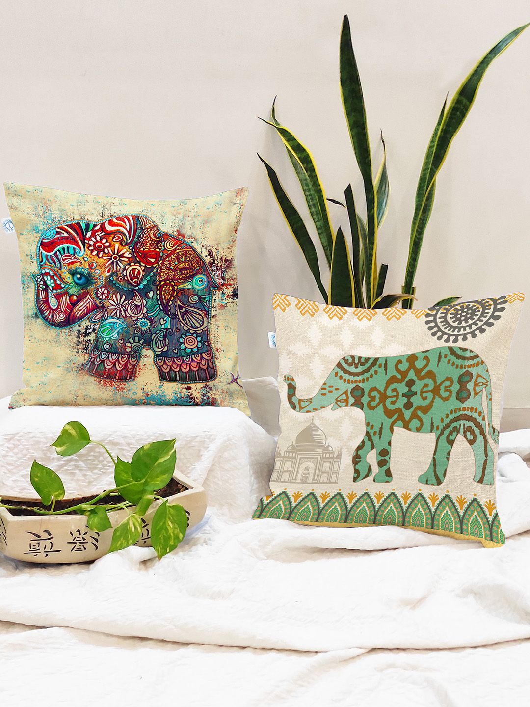 STITCHNEST Pack Of 2 Green Ethnic Motifs Printed Square Cushion Cover