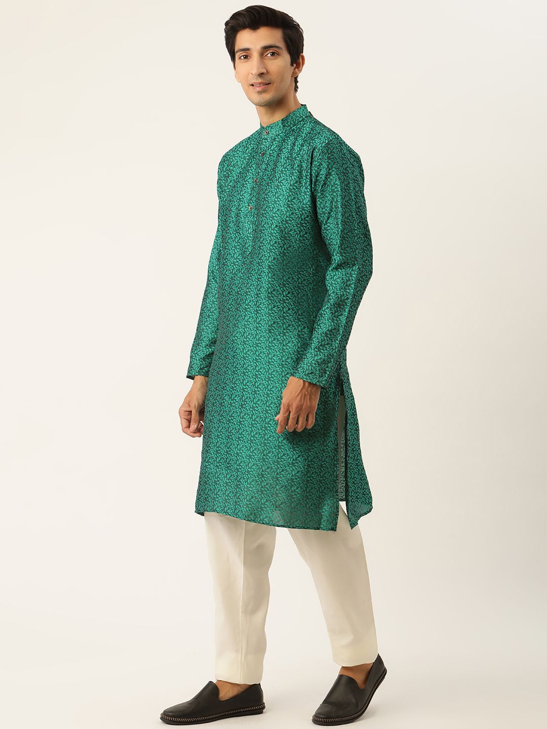 SOJANYA Set Kurta Lelaki Motif Etnik Hijau Dengan Jaket Nehru