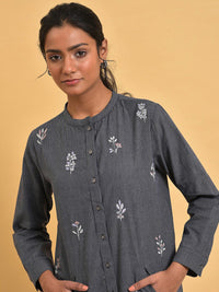 W Mandarin Collar Floral Printed Cotton Tunic Top