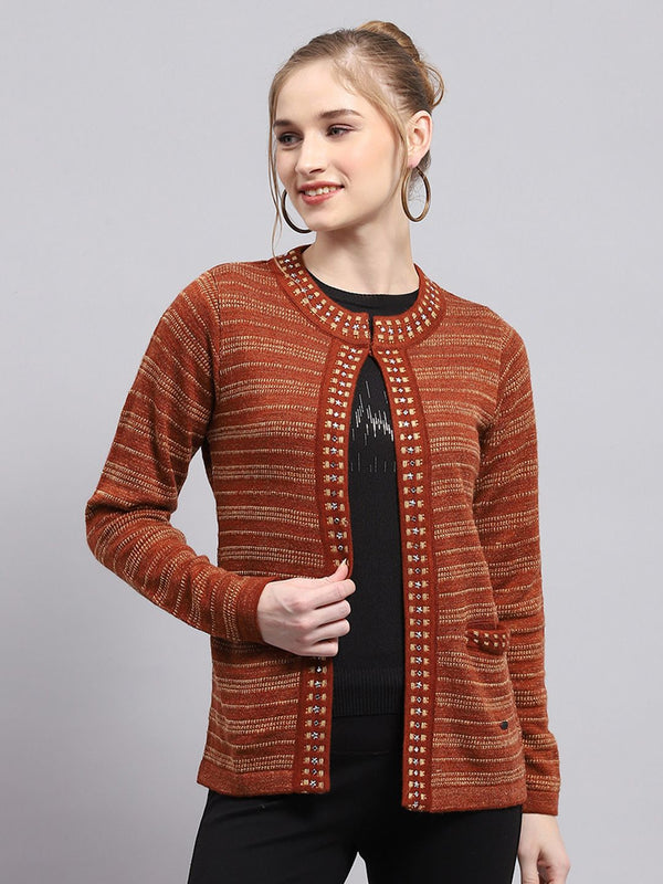Monte Carlo Self Striped Front Open Cardigan Sweater With Embellished Detail