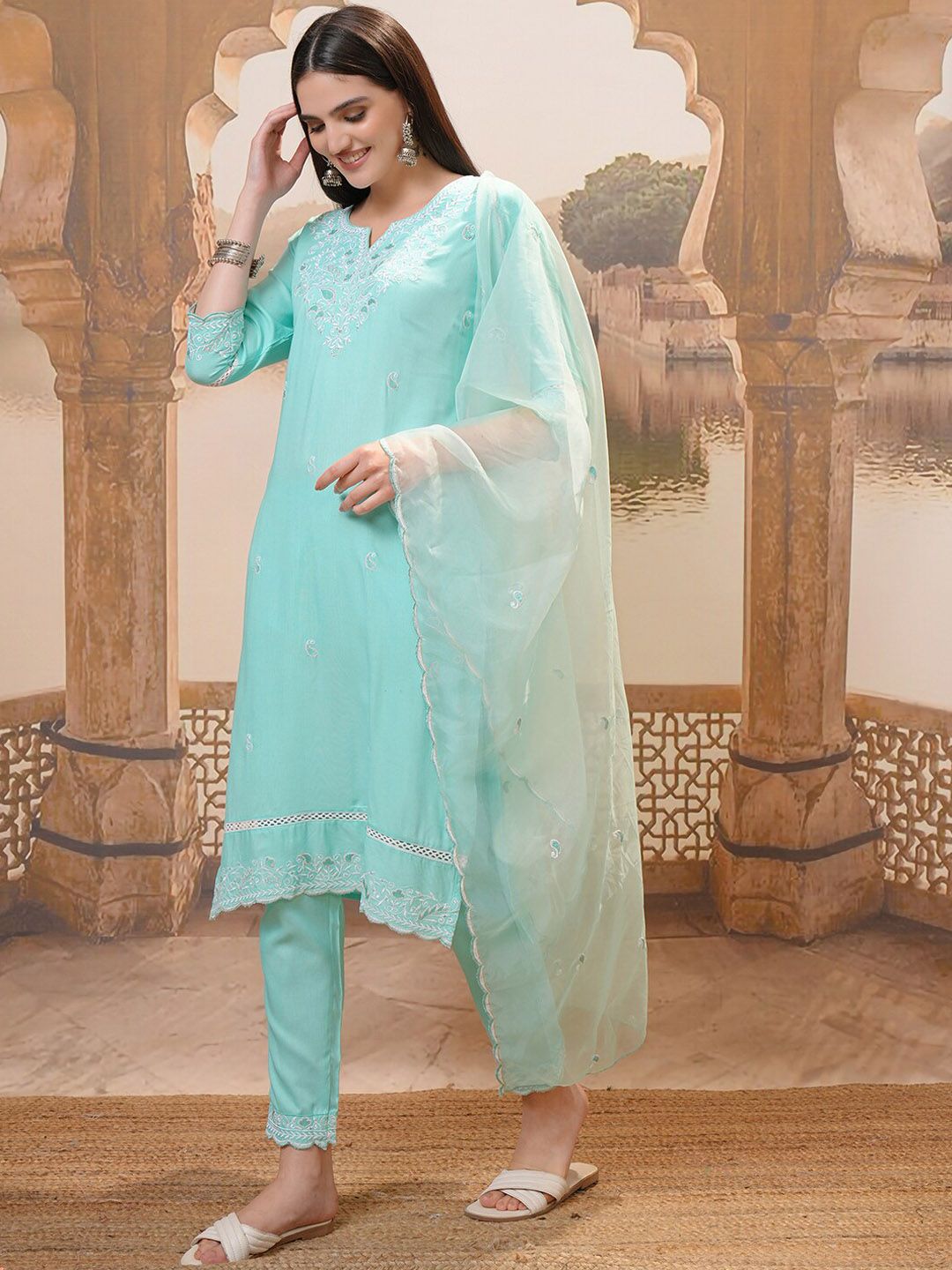 Vishudh Turquoise Blue Floral Embroidered Regular Thread Work Kurta with Trouser & Dupatta