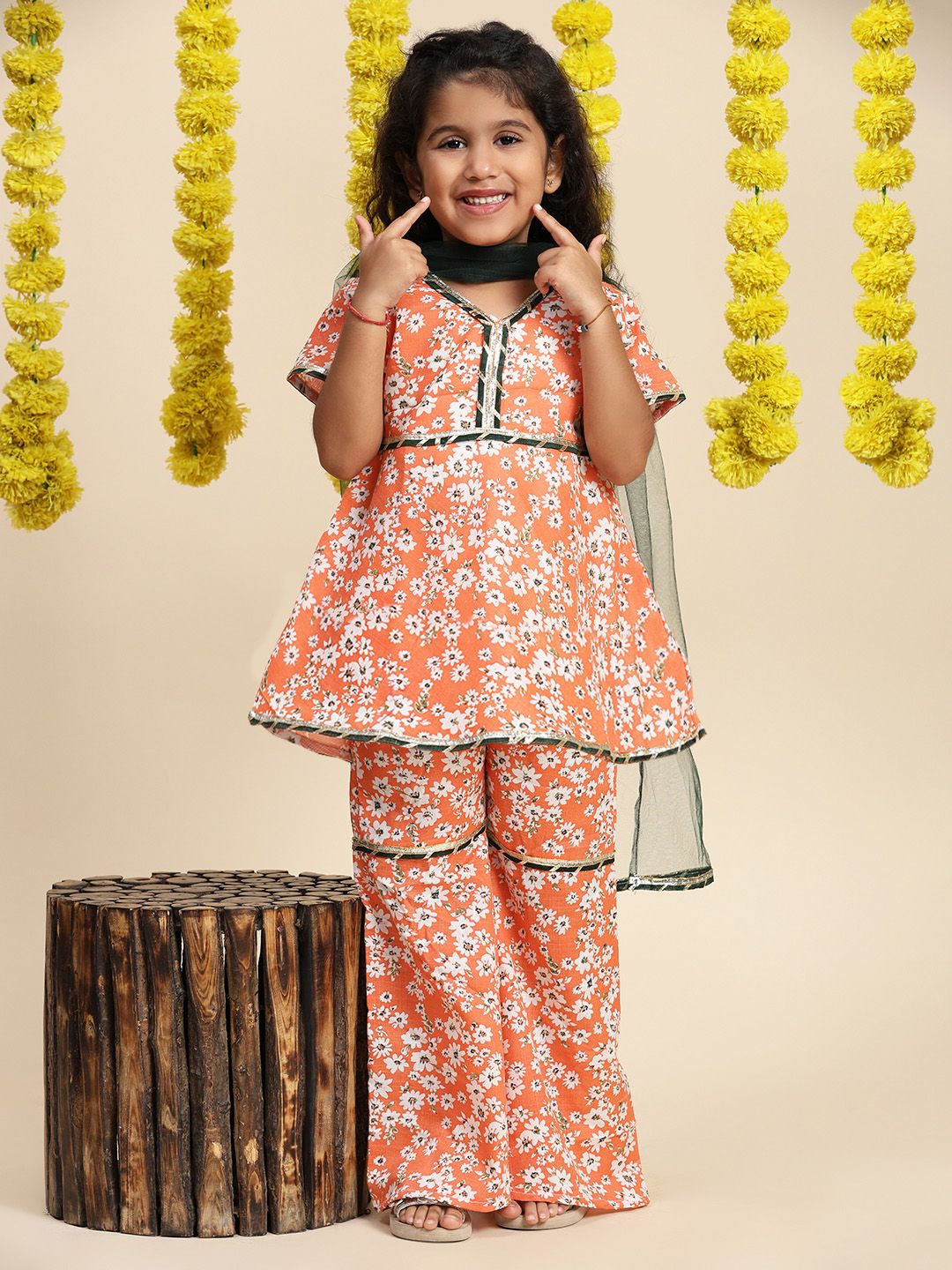 Cutiekins Girls Floral Printed Gotta Patti Kurti With Sharara & Dupatta