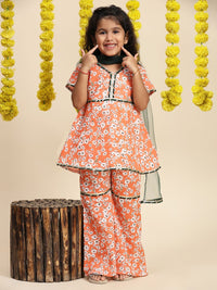 Cutiekins Girls Floral Printed Gotta Patti Kurti With Sharara & Dupatta