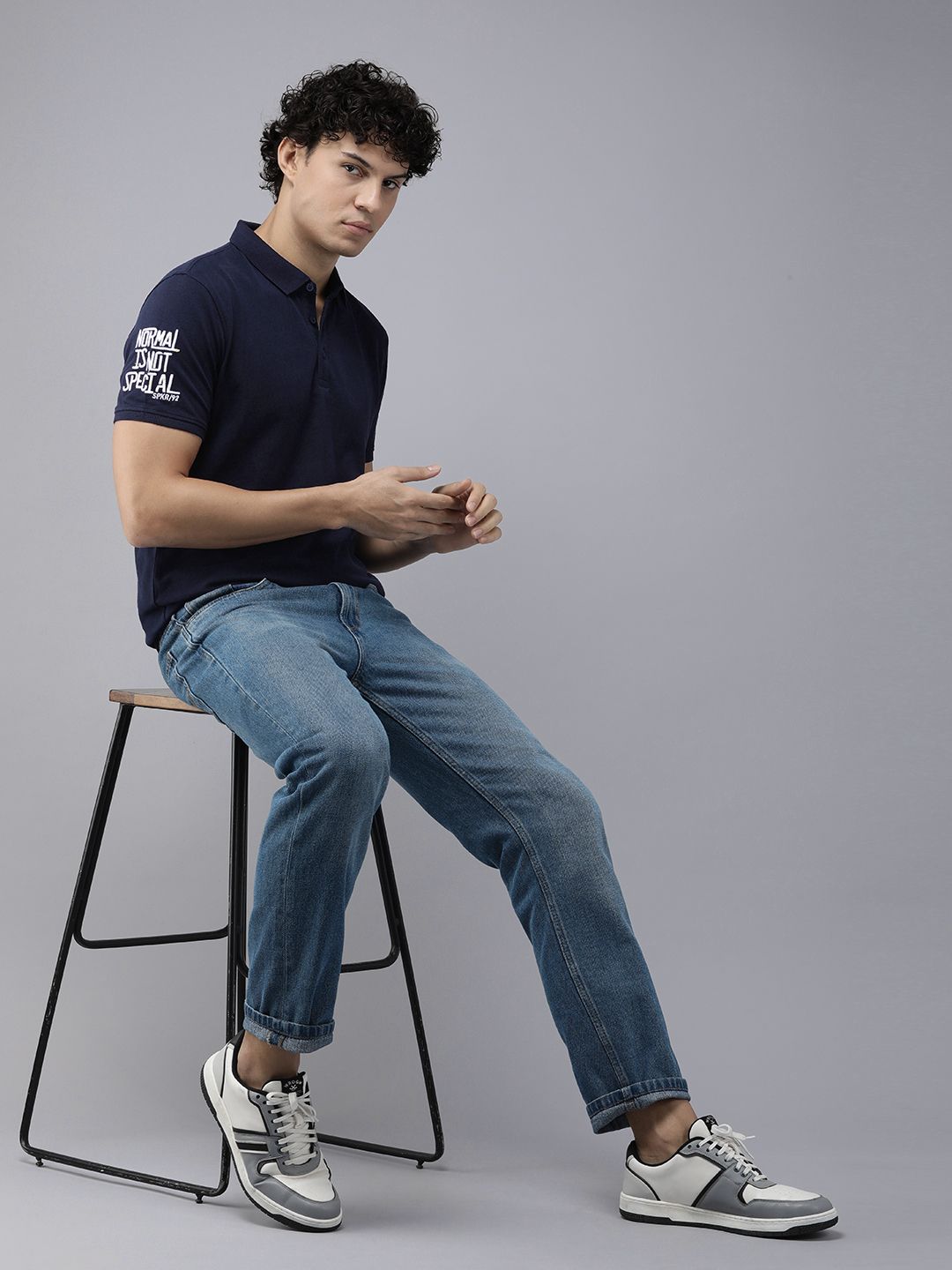 SPYKAR Men Polo Collar Indigo Pure Cotton Slim Fit T-shirt With Minimal Embroidered Detail