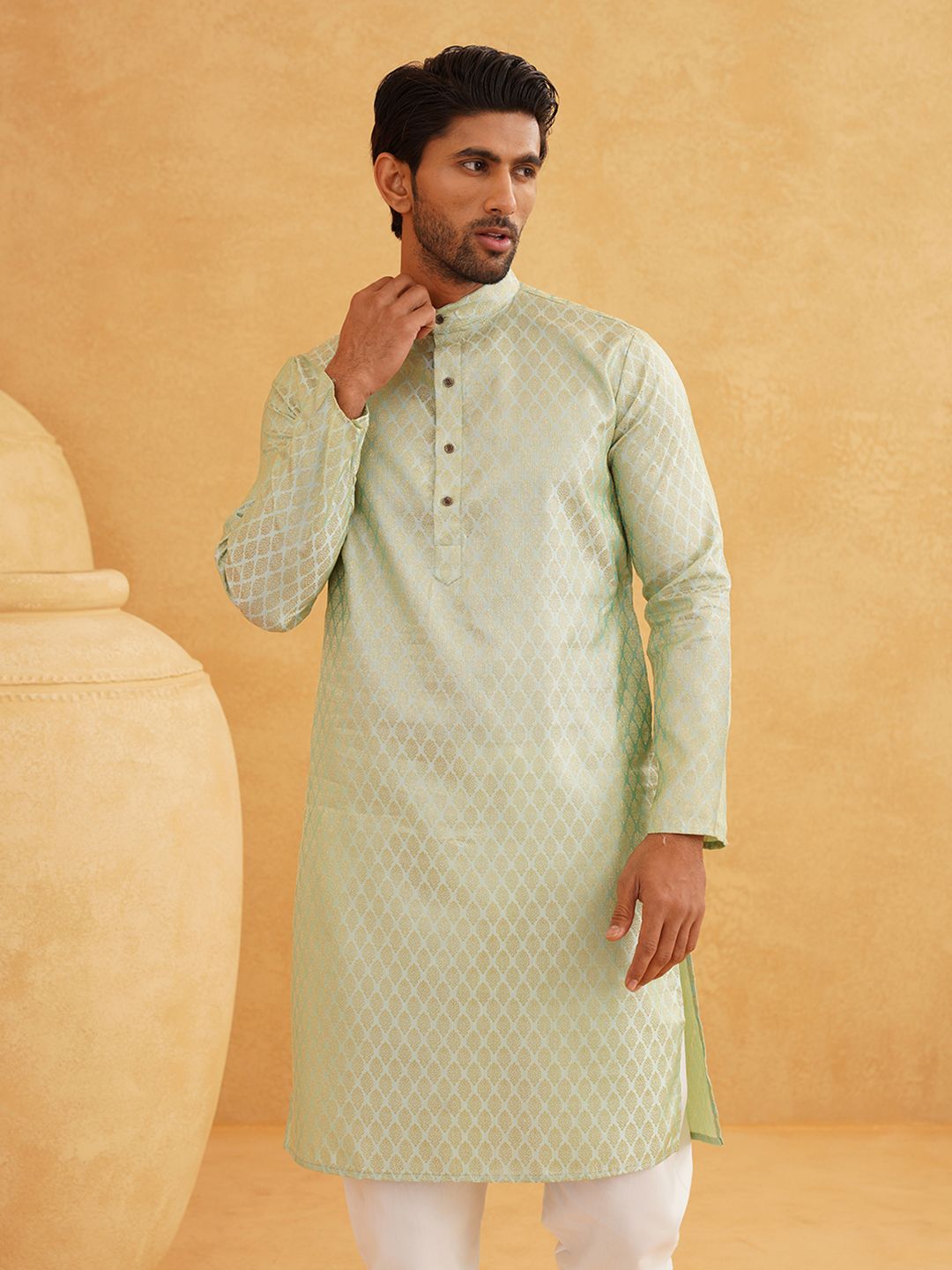 SOJANYA Ethnic Motif Woven Design Mandarin Collar Kurta With Churidar