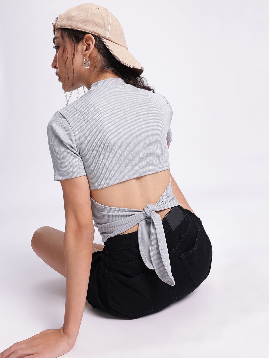 DressBerry Cottagecore Chic Styled Back Texture Ribbed Crop Top