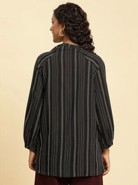 W Black Striped Tie-Up Neck Raglan Sleeves Longline Top