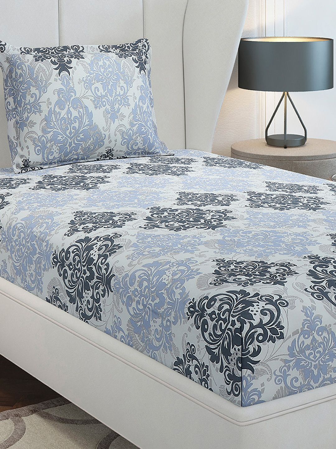 Monte Carlo Grey & Blue Ethnic Motifs Cotton 104 TC Single Bedsheet Set-2.24 m x 1.52 m