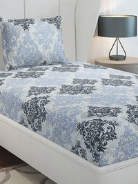 Monte Carlo Grey & Blue Ethnic Motifs Cotton 104 TC Single Bedsheet Set-2.24 m x 1.52 m