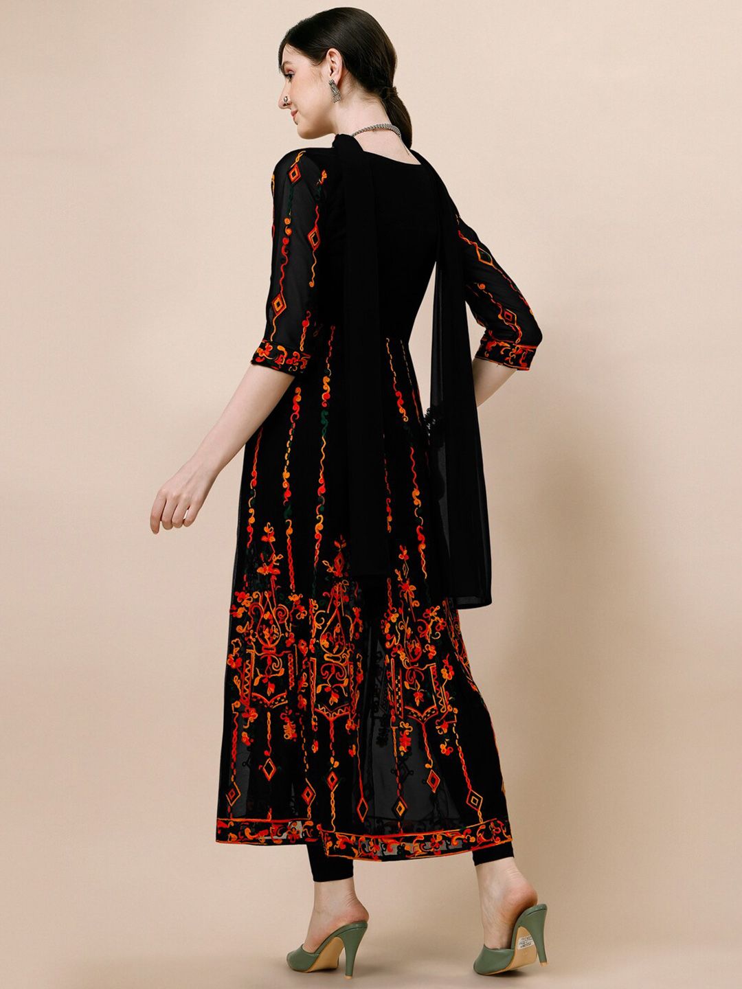 KALINI Floral Thread Work Pleated Anarkali Kurta with Dupatta