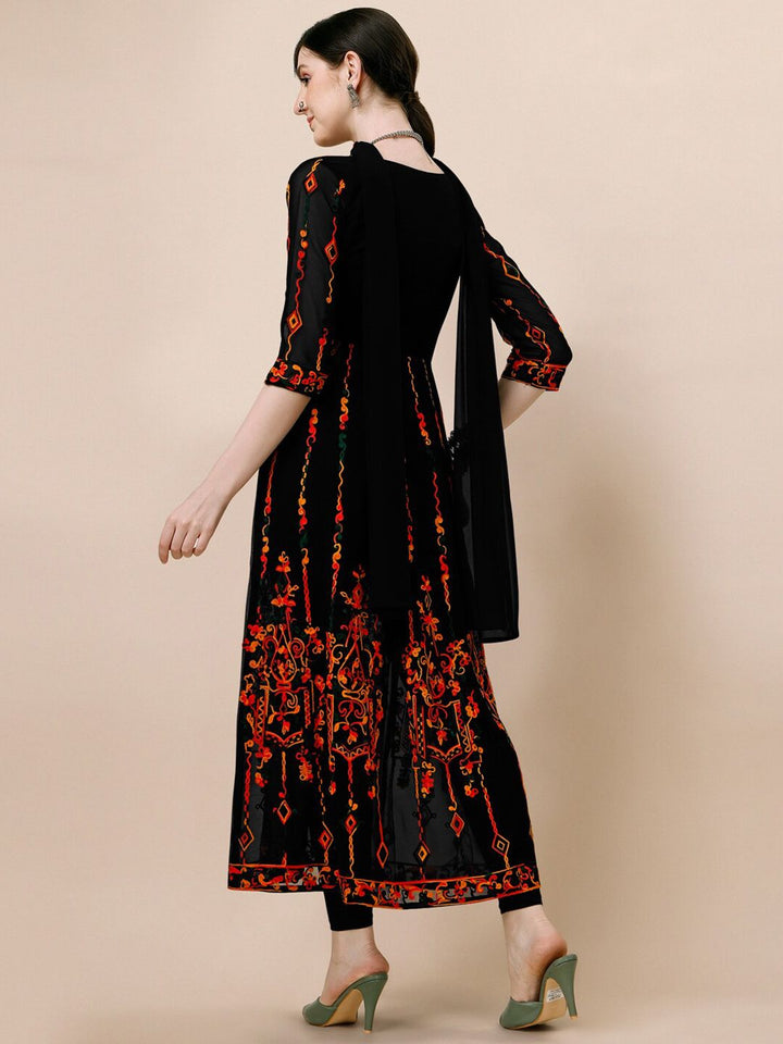 KALINI Floral Thread Work Pleated Anarkali Kurta with Dupatta