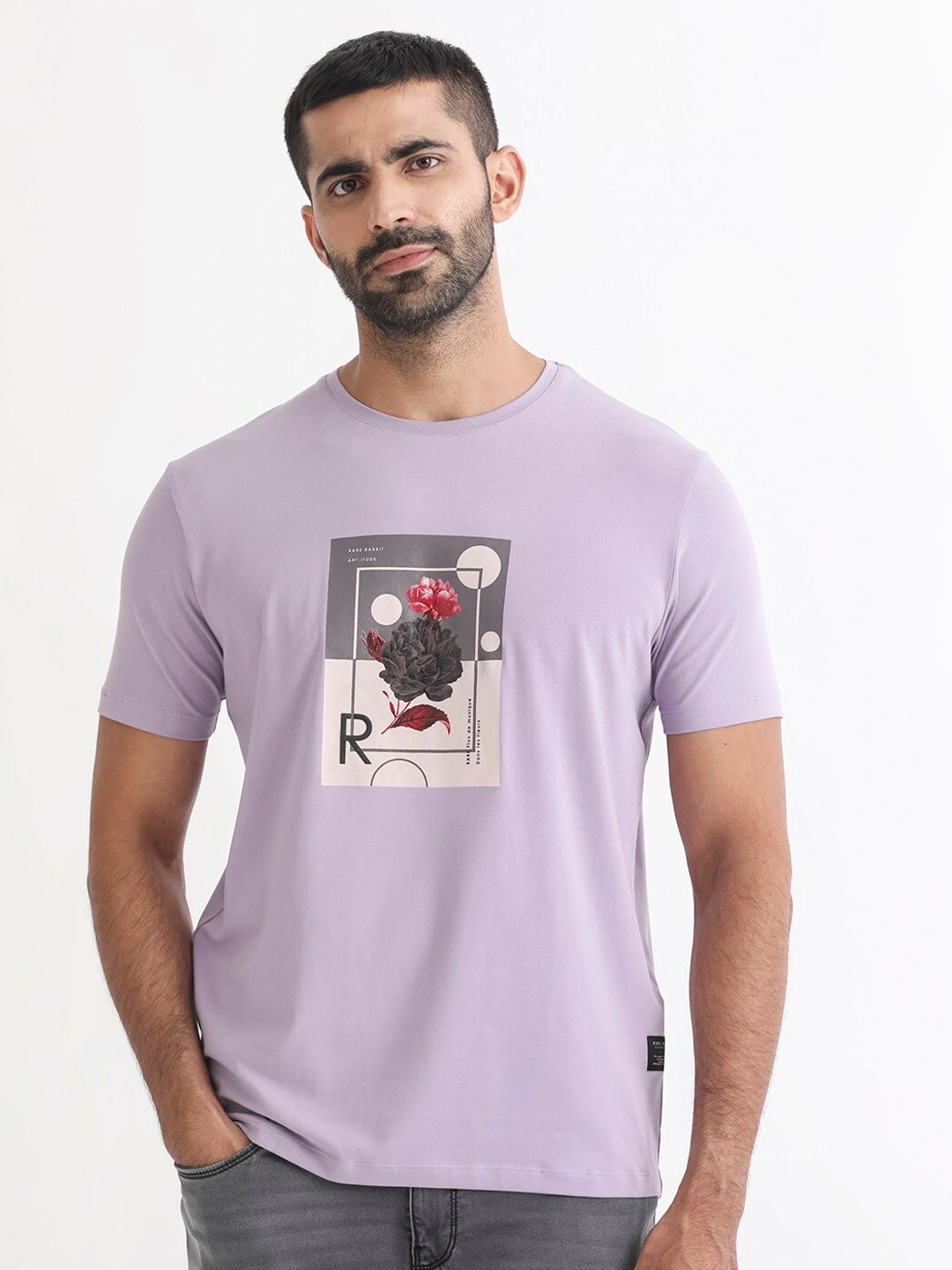 RARE RABBIT Men Dryden Graphic Printed Slim Fit Cotton T-Shirt
