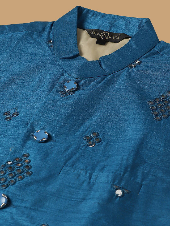 SOJANYA Embroidered Sequinned Pure Cotton Kurta with Churidar & Embellished Nehru Jacket