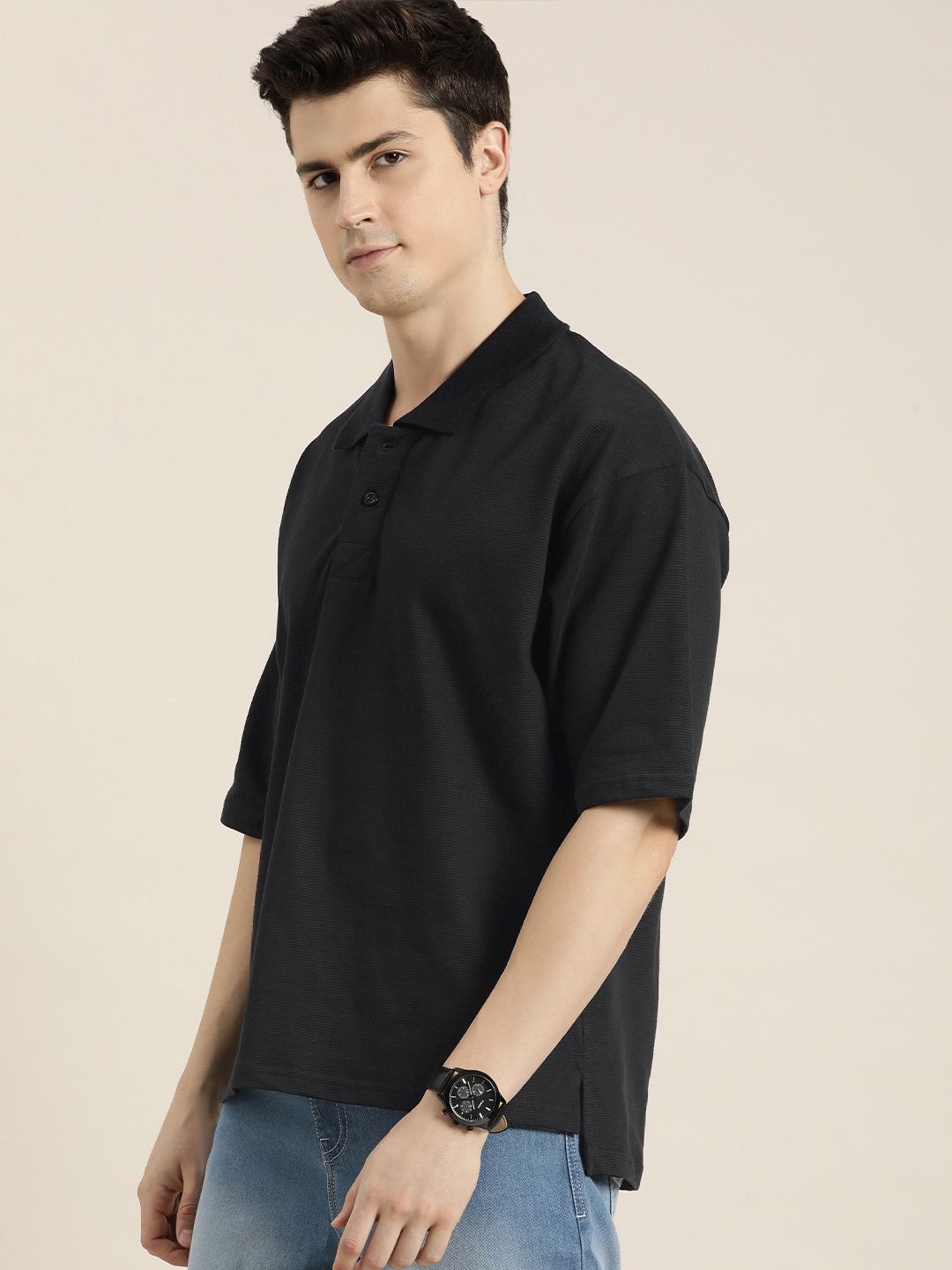 DILLINGER Men Solid Honeycomb Structure Oversized Cotton Polo T-Shirt